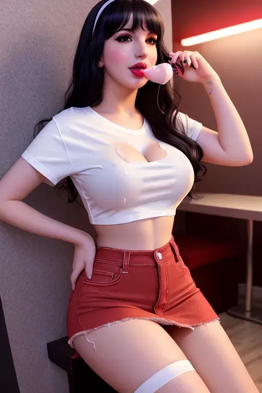 A full length HD illustration of, trans porn star ((Bailey Jay)), ((getting creampied), accurate face, detailed face, (wearing a long white tee),over a red bra, and (jean skirt), facing camera, flirting, editorial, sharp Focus, high detail, professional lighting, retro future, neon