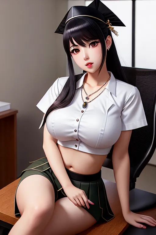 a photograph of,a fairy,wearing japanese high school uniform,sitting,at the office,big breasts,five fingers per hand,charming face,beautiful lips,black eyes,curved eyebrows,curved eyelid,wearing necklace,cgsociety,bokeh,professional,unreal engine,surreal