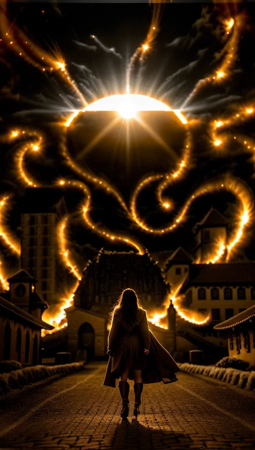 The sun sprouting solar flare tentacles burning the sky and the village beneath it