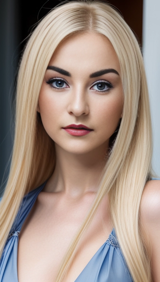 A close up high resolution picture of a beautiful Polish American woman, blonde hair, thin pointed nose, smooth nose bridge, ((natural bags and circles under each eye)), blue eyes, (very thin eyebrows),