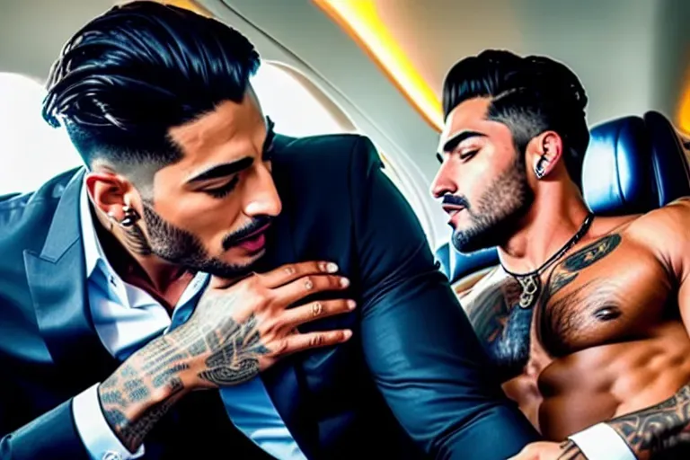 masterpiece quality photograph, 8k resolution, photorealistic image of very detailed Maluma getting his dick sucked on a dark private jet at night by a male airline attendant (the moment when accurate Maluma blows his load and used both hands to push the mans head deeper into his crotch)