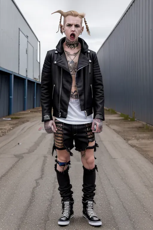 delinquent street punk in emo style clothes standing in refinery holding up the middle finger, looking at viewer, 1boy, braid, (huge ahoge:1.3), angry, closed mouth, frown, standing, torn clothes, piercings, jewelry, tattoos, finely detailed background, amazingly intricate background, incredibly absurdres, best quality, <lora:dpmg_middle_finger:1>