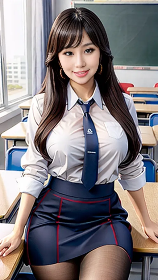 A high-quality erotic hyper-realistic,cum on breasts, smiling into camera,uncensored, classroom, wearing teachers outfit, perfect pretty face,