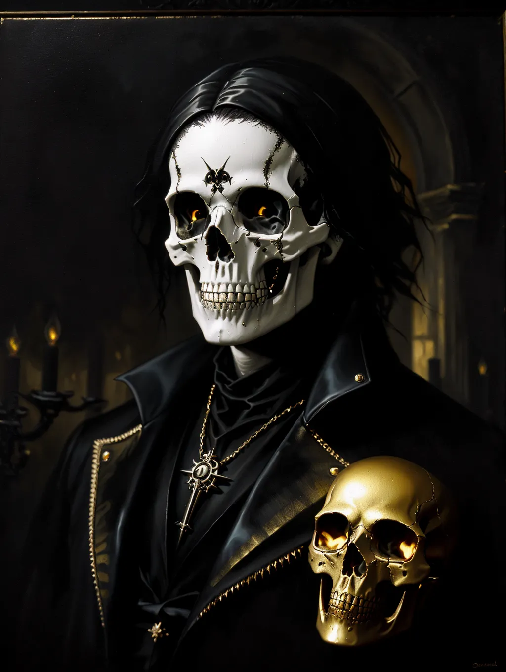 Oil painting, portrait of Orpheus as skull, dark lighting, morbid gothic feel, lots of blacks and golds