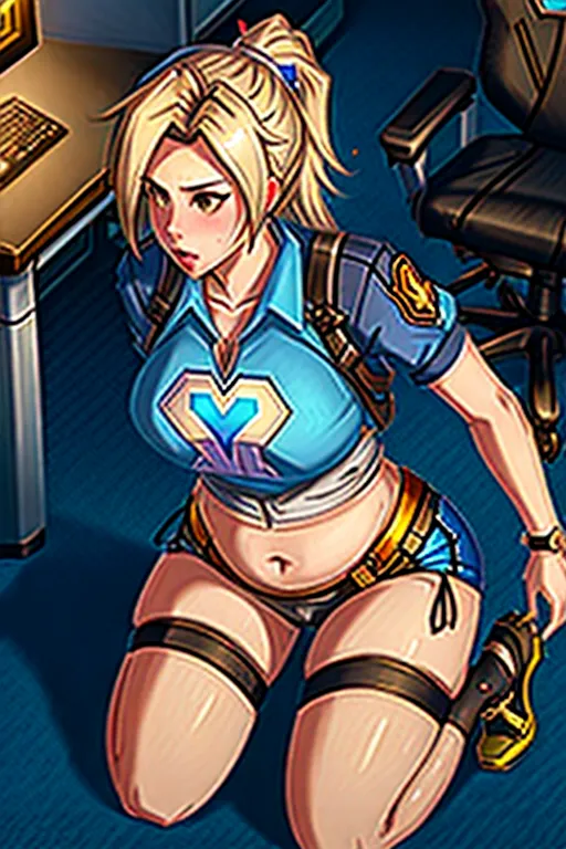 2 people, mercy, woman, overwatch, kneeling, blowjob, fat man, office, fat belly, ugly, man, sex,