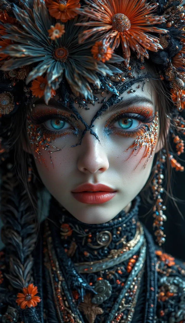 A hyper-realistic portrait of a stunning supermodel, featuring a beautifully detailed face with intricate. The image blends futuristic and traditional elements with a neo mode, avant-garde style, characterized by delicate and sleek lines, vibrant colors, and exquisite details. The modelâs eyes captivate with complex colored irises, while her unique, crazy hairstyle adds to the surreal and mysterious charm. The overall composition is symmetrical and fluid, with an ethereal and timeless aura. The interplay of light and shadow enhances the high-fashion aesthetic, capturing the essence of cyberpunk and folklore in a visually striking and artistic statement, Midjourney_Whisper