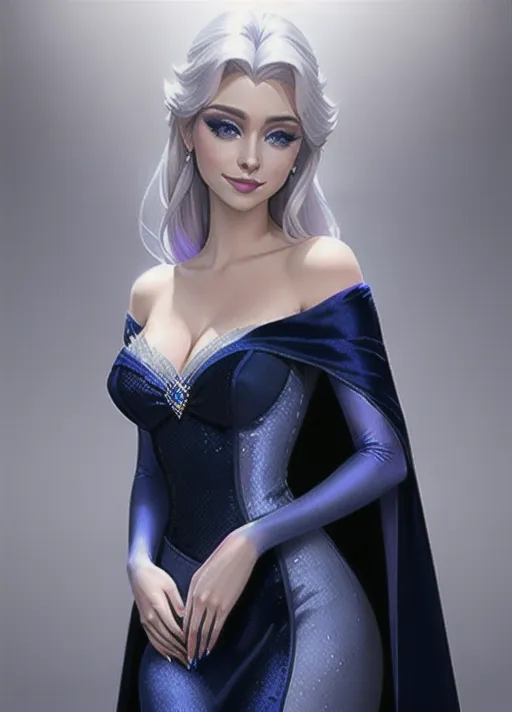 Beautiful glamorous sultry Queen Elsa of Arendelle with her sapphire eyes, purple eyeshadow, warm smile and platinum hair, in a dark blue velvet off the shoulder gown with white fur trim around the shoulders. dark blue light weight silk cape stemming from midway between her shoulders. photorealistic.