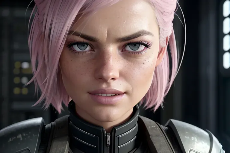a concept art of,Samara Weaving, light freckles, empty hands, in resident evil, in black tactical pants, black military armor, combat boots, confident smile, pink hair, five fingers per hand, confident, dirty face, beautiful lips, deep eyes, curved eyebrows, textured skin,cgsociety,8k, unreal engine, highly detailed, artstation, deviantart, cinematic, centered, medium close up, 8k, studio lighting, head in frame, long neck, entire head in frame, hyper-realistic