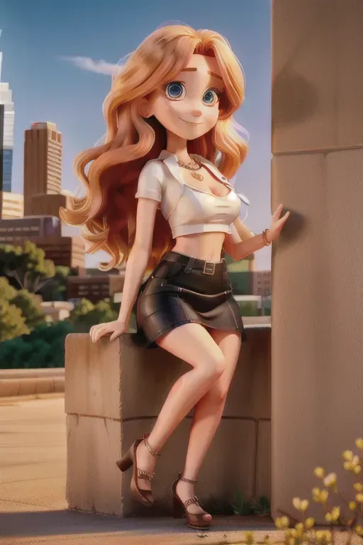 full body, strawberry blonde hair, brown eyes, short girl, white miniskirt, black high heels, looking at viewer, long hair, pale skin, silver necklace, black crop top, 24 years old, giant breasts, cute face, pov, wavy hair, city environment, Oklahoma City, wide eyes, erotic, skirt tug, nighttime, black backpack, slim body, sitting on wall, smiling, cleavage, f-cup breasts