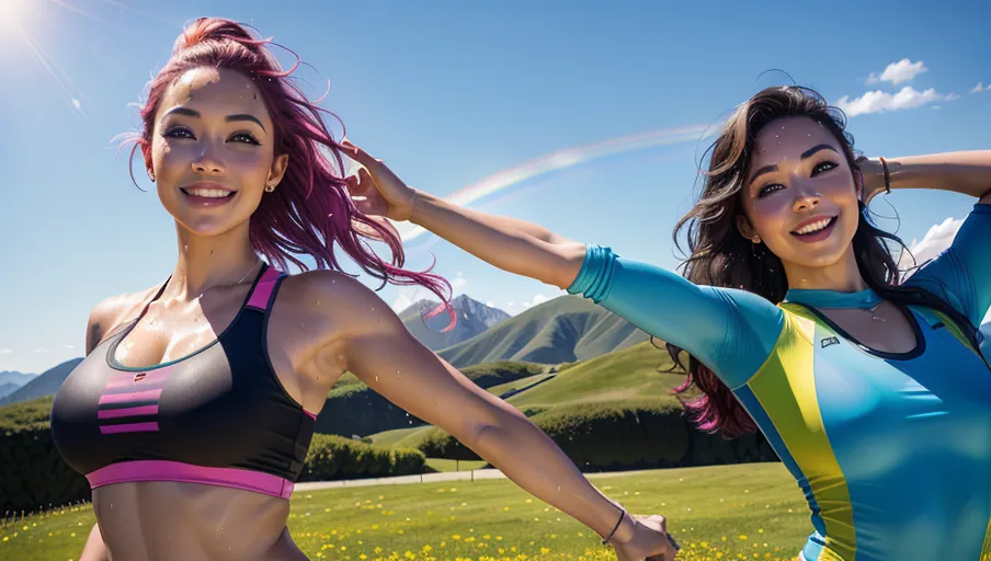A digital photograph, professional photograph of, 2women in a row in (sexy multicolored sport outfit) are dancing Zumba in a meadow, they are (bending on their right:1.5) (with their left arm in the air), (their skin is (glistening with sweat:1.3)), 1woman has a auburn pony tail, 1woman has a short rainbow wavy hair, ((smile:1.2)), different breast size, beautiful lips, (beautiful face), (((beautiful eyes))), highly detailed, hills and blue sky with one cloud in background, musical speaker, (cinematic lighting), ((cinematic composition)), bokeh, 32k, HDR, (highest quality:1.8), highest resolution, (photorealist:1.72), (photorealism:1.72), (masterpiece:1.18), --s 750 --v 5.2