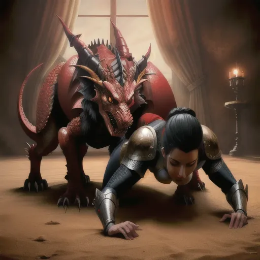 a female knight getting fucked by a red dragon, on all fours, sex, pants torn off