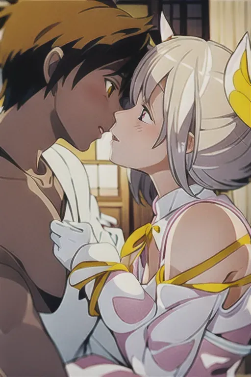 ghibli style ,boy and catgirl kissing , blushing , mouth to mouth, 1 boy, brown colored hair ,spikey styled haired boy, male wearing yellow airbender clothes, 1catgirl, catgirl posh style , catgirl hairstyle white short bobcut with white cat ears, only cat type ears, pink catlike eyes, catgirl on right dressed in white plain clothing with pink bow, bow, elegent long white gloves, masterpiece, best quality, ((masterpiece)) <lora:dpmg_ghibli_style:0.92>