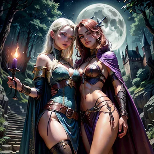 High fantasy setting (Dungeons and Dragons), castle on a cliff in a forest by a lake, night but setting is lit up by strong moon light,
two women wearing leather and metal armour, women look like Olivia Wilde and Dina Meyer, wearing sexy clothes in blue and purple (long cape) (skirt reaching knees) (high leather boots), medium breasts, cleavage, midrif, toned and slim body, abs, slender arms and legs, small ass, narrow waist,
looking sexy with a sensual expression, very beautiful face, very beutiful eyes, sexy pose, erotic smile, holding dagger or sword in one hand, looking at the viewer, happy, kissing passionately,
two arms, two hands, five fingers, detailed fingers, two legs, two feet, remove third hand, check eye configuration, check hand congifuration, number of hands, make picture more clear,
<lora:dpmg_add_detail:0.8>, vivid colors, cinematic composition, artificial light, UHD, HDR, highest quality, highest resolution, (photorealist), (photorealism), (masterpiece:0.8)