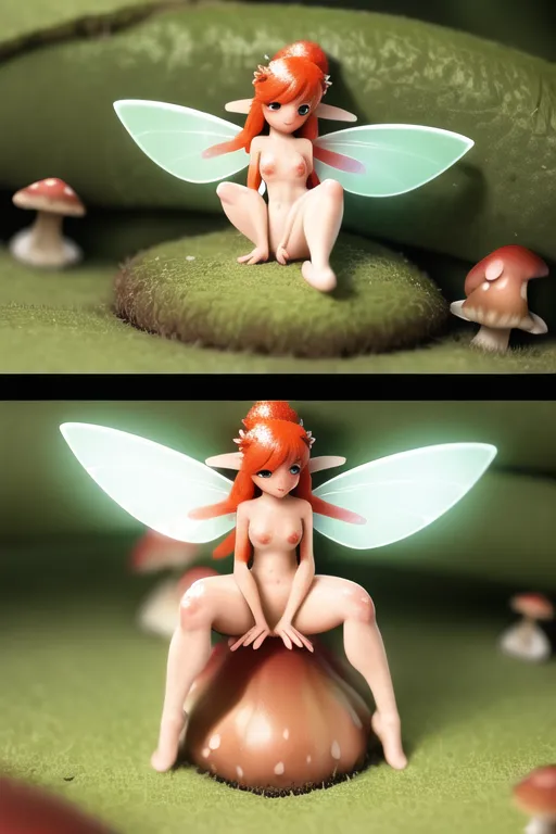 tiny cute fairy girl sitting naked on a mushroom with legs spread, fairy, cute, petite, tiny, ((huge mushroom)), ((tiny fairy)), red hair, freckles, blushing, orgasm, detailed, wallpaper,