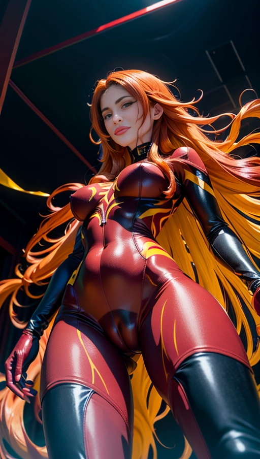 ((Burgundy red and yellow symbiote girl)), ((hair-raising symbiote)), ((burgundy red and yellow symbiote goo)), (((burgundy red long hair with yellow strands))), ((red and yellow symbiote goo suit)), (yellow strands), (((((symbiote goo hair))), ((((burgundy red and yellow symbiote goo body)))), (((((burgundy red hair))))), ((very very long hair)), pov from below, cameltoe