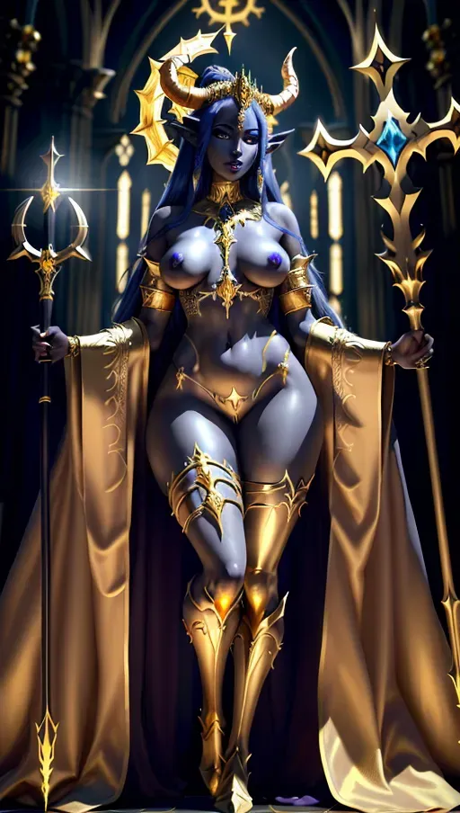 High Resolution Nude Single in Beautiful large golden horns demonic Draenei Female priestess with blackish gold skin with gold hair and blue eyes and large gold crown and gold nipples and pretty pussy showing. In a cathedral with divine light with a large gold cross staff and glowing gold tattoos casting judgment