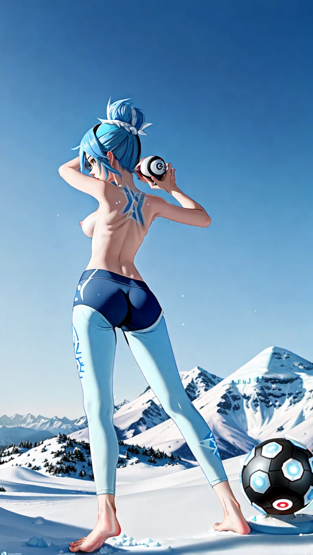 medium shot, full-body image of a cute slender topless barefoot female Pokemon trainer Lorelei with blue hair and blue nipples wearing yoga pants with shorts and a tight black sleeveless shirt with glasses holding a Pokeball while doing battle with her Pokemon in an arctic-themed stadium, (sexy feet: 1.2), (topless: 1.3), (barefoot: 1.2), (Lorelei: 1.2), (Pokemon trainer: 1.1), (yoga pants under shorts: 1.2), (holding Pokeball: 1.1), (wearing fingerless gloves: 1), (snow-covered mountaintop: 1.2), (ice nipples: 1.2), (ice nipples: 1.2), (ice nipples: 1.2), (ice nipples: 1.2), (ice nipples: 1.2), (ice nipples: 1.2), (ice nipples: 1.3),