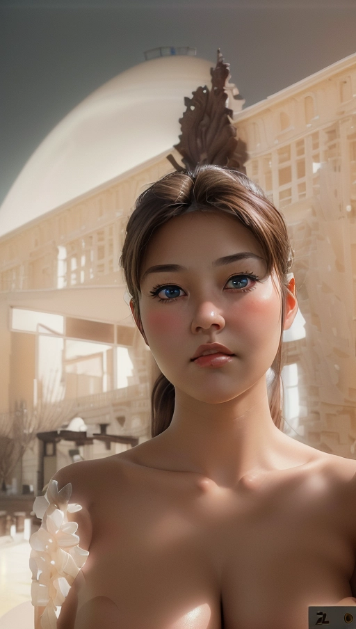 Masterpiece, (realistic, photo-realistic:1.37), A high 8k resolution photo shot of a aged rockstar woman, gorgeous round face, thoughtful expression, blue eyes, rosy cheeks, tanned yellowish skin, (long light brown hair in a ponytail)), heavy eyeshadow, black eyeliner, (((completely nude))), long lashes, medium breasts, dark red lips, highly detailed skin textures, highly detailed eyes, blue plain background, wide body, wide round face, ((chubby cheeks)), wide and short neck, professional photograph, dramatic lighting, looking at camera, dimples
