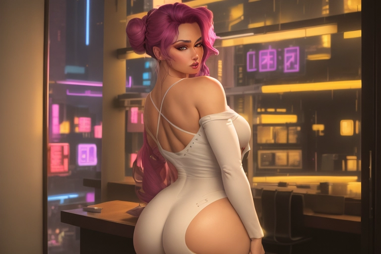 high resolution, ,photoreal, full body portrait, In the foreground a female wearing a colorful revealing top and shorts, the fabric of her outfit clings to her accentuating her appealing generous figure, striking a curvy confident pose, long flowing hair two buns, flirty, alluring, curvy, Thin waist, huge chest, large ass. in the background a large window overlooking a futuristic bustling neon city at dusk