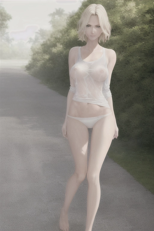 UHD, 64k, masterpiece, photorealistic color photograph of eighteen year old (perfect mix of Charlize Theron and Kristin Bell), blond, innocent face, jogging in park, skinny, athletic, thigh gap, hip bones visible, ((flat chested, perky breasts)), (hard nipples), tight pussy, braless, no bra, ((no panties)), extremely sheer material, thin white cotton t-shirt, deeply scooped neckline, wet t-shirt soaked with sweat, t-shirt clings to breasts, (hard nipples visibly pressing on inside of t-shirt), t-shirt cut short, barely covers breasts, underboob visible, very low waist drawstring shorts, extremely short shorts, smiling, eager to please, ((show full body)),
highly detailed face, ultra realistic, hyper realistic