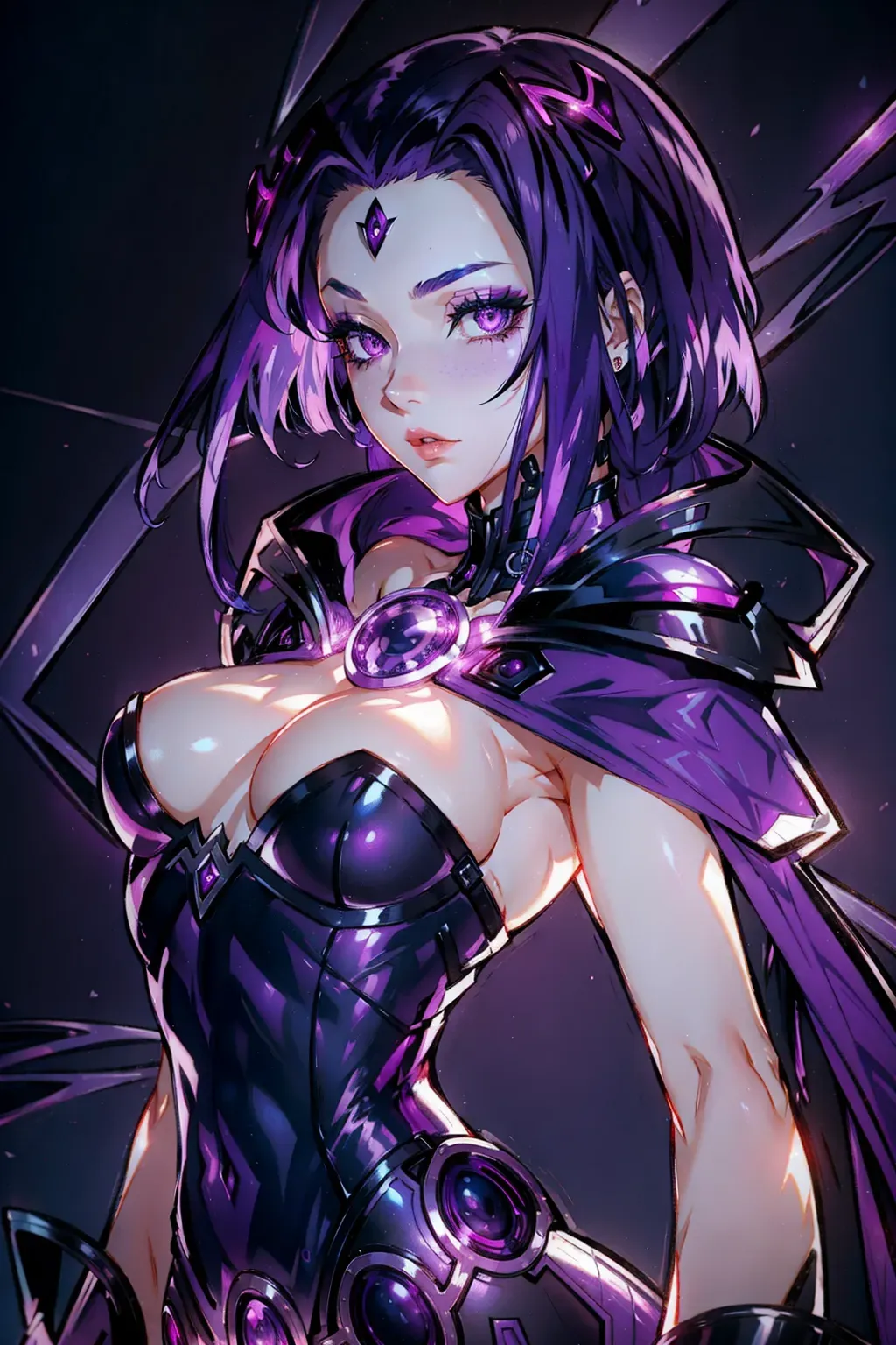 Raven DC, purple hair, purple eyes, global lighting, medium breasts, ((masterpiece)), 8k wallpaper, high quality