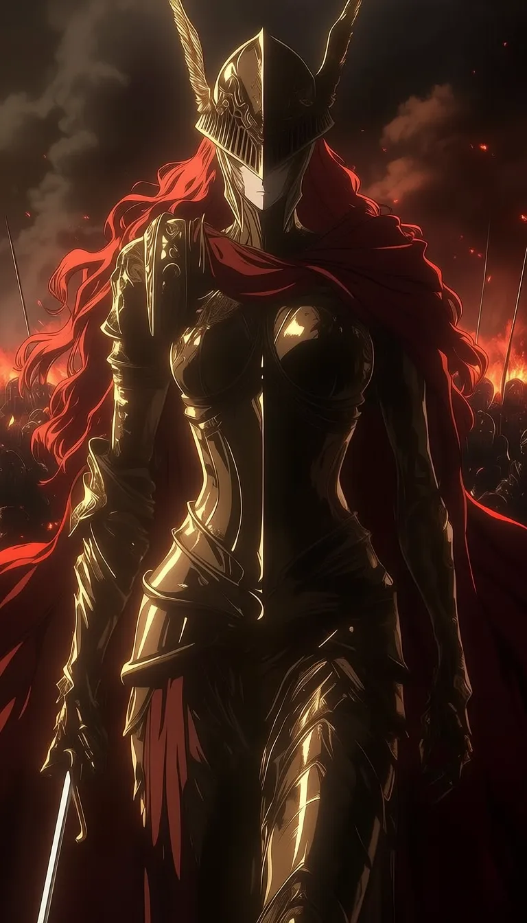 dark_art_style, malenia blade of miquella, 1girl, solo, red hair, long hair, wavy hair, helmet, armored helmet, winged helmet, face covered, no eyes visible, serious, stoic, standing, front view, centered, symmetrical, armor, full armor, golden armor, plate armor, pauldrons, gauntlets, breastplate, metallic, reflective, red cape, red cloth, skirt armor, knight, warrior, fantasy, epic, powerful, sword, holding sword, battlefield, fire, smoke, dramatic sky, red lighting, cinematic lighting, dramatic lighting, high contrast, shadows, anime style, detailed, high detail, masterpiece, best quality
