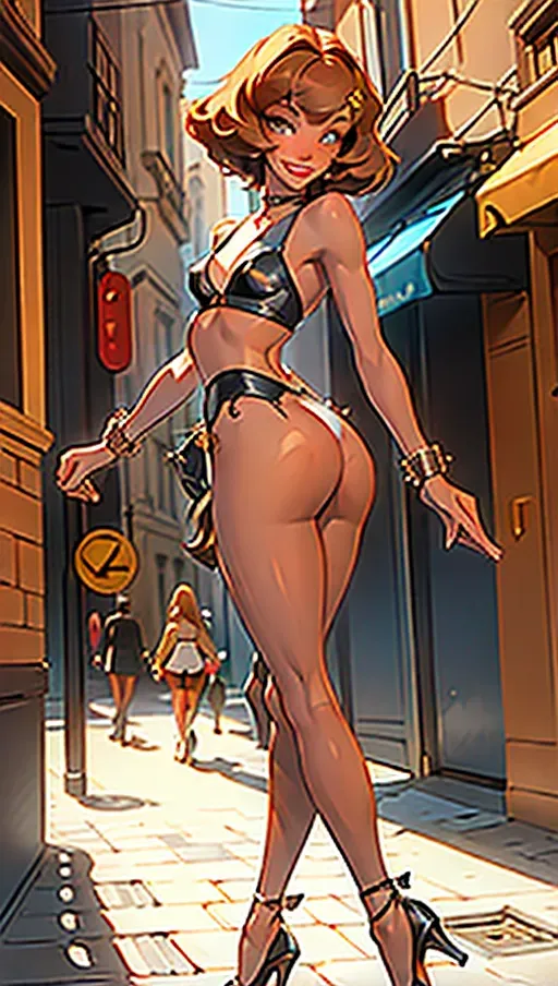 john persons style, ((whitney cummings)), beautiful, ((small breasts)), (skinny waist), naked, hip dips, perfect anatomy, long legs, (exposed pussy), wearing stockings, ((masterpiece)), ((exposed tits)), perfect booty, (strutting), beauty, bimbo, smiling, ((happy)), (walking on a cobblestone street), garter belt,