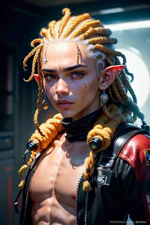 8k, male facial features, Male, short height, Mafia, Brown-Skinned, Goblin ears, Glock pistols. Space Ship background, white-highlighted Dreadlocks, mad scientist, biochem, look at the camera, red-colored eyes, dark brown skin that glistens in the sun), (handsome detailed eyes, symmetrical eyes), dramatic lighting, (photorealism:1.5), (photorealistic:1.4), (8kRAW photomasterpiece), High detail RAW color photo, a professional photorealistic, (highest quality), (best shadow), (best illustration), ultra high resolution, highly detailed CG unified 8K wallpapers, physics-based rendering, photo, realistic, realism, high contrast, hyperrealism, photography