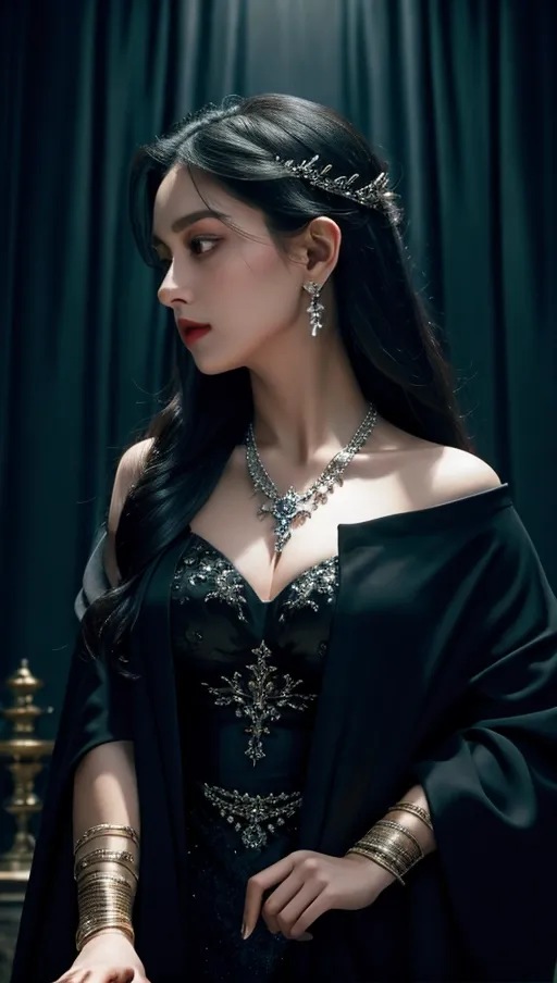 As the attractive female necromancer stands over you, her attire is a reflection of her imposing and dominant personality. She is dressed in a long, black robe, adorned with intricate silver threading that seems to shimmer in the dim light of the chamber. The robe is clasped at her shoulders with a silver brooch, shaped like a serpent devouring its own tail, a symbol of her dark magical abilities. Around her neck, she wears a heavy, ornate pendant that glows with a faint, eerie light, a symbol of her power and status as a necromancer. Her long, raven-black hair is pulled back and secured with a silver clasp, revealing her pale, angular face. Her eyes are narrowed, her gaze piercing as she looks down at you, her voice cold and menacing.