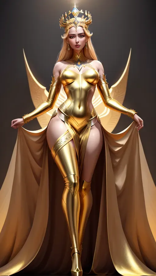 a goddess stands confidently with her head held high, she is very tall but quite slender with a body like a model, her skin is gold and metallic and gives off a warm glow like an aura, she wears a futuristic crown that tapers up a foot in height
