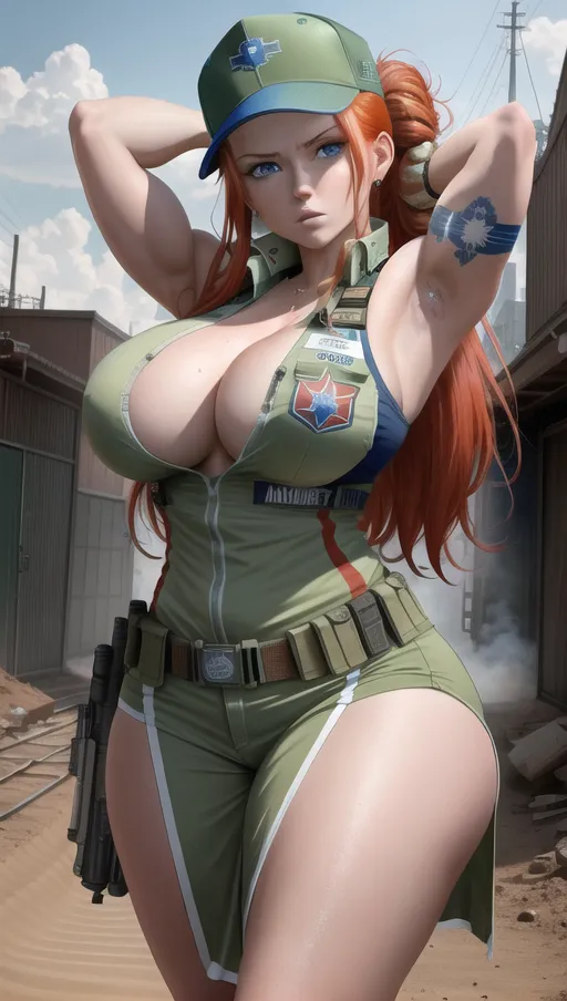 a high resolution photo of a beautiful redheaded woman, looking at the viewer. high quality, apocalypse, apocalyptic, apocalyptic environment, perfectly detailed eyes, long hair, wild hair, gigantic breasts, extremely large breasts, thick thighs, athletic, very muscular, exposed breast, paramedic, paramedic uniform, wearing baseball hat, sleeveless, tattoos, serious expression, hands behind head, arms behind head,