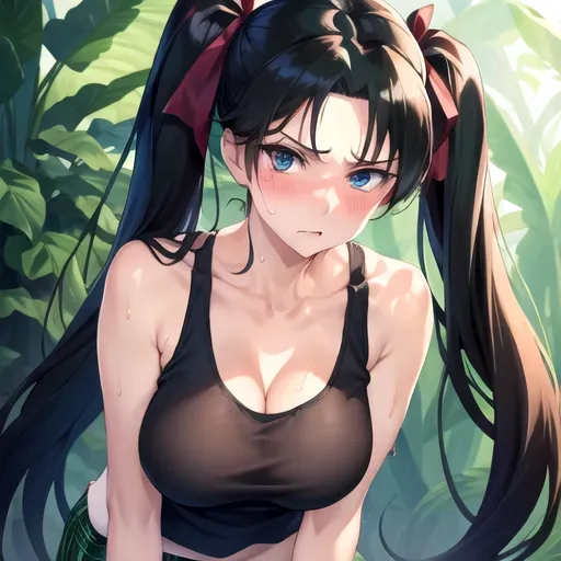 Rin Tohsaka, Rin, Tohsaka, Fate Stay Night, Fate, Nyotengu (DOA), Dead or Alive,
masterpiece, solo, best quality, nsfw, bokeh, uncensored, ultra realistic face, perfect eyes, perfect edges, two arms, two hands, ultra realistic, perfect face, perfect anatomy, (soft focus), ((perfect lighting)), full body, beautiful woman, beautiful, mature woman, sexy, adult, old adult, mature adult,
pigtails with ribbons, long black hair, full bangs, small eyes, tiny eyes, proportional eyes, blue green eyes,
cleavage, ((perky breasts)), big breasts, big boobs, huge boobs, busty, perfect boobs, perfect breasts, skinny, thin,
tank top, round neck top, flowing tank top, see-through tank top, loose shirt, joggers, sporty, running attire, casual clothes, casual, summer clothes, dressed for a hot day, sweaty, wet, sweaty body, wet body, dripping wet, plaid skirt
naughty, naughty expression, naughty face, naughty look, seductive, seducing, horny expression, horny, embarrassed,
