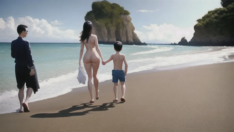 A naked woman on a beach walking with her clothed son