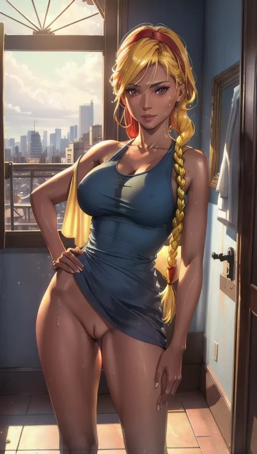 (Best quality), high quality cinematic film, a tanned skin adult woman, (a breathtaking masterpiece of portrait of a adult woman standing before sliding door and curtains), (bright yellow hair braided to one side with red hairband, naked sweaty tank top:1.2),
Toned and slender adult, (extremely detailed purple eyes looking at viewer:1.02), (extremely detailed view of realistic face with seductive expression:1.07), beautiful detailed full lips smiling showing teeth, (zoomed in front view of naked pussy:1.32),
beautiful soft natural daylight, (blue cloudy sky, cityscape), hyperrealistic sweaty brown skin, (hands on hip),
portrait of a mid-life woman standing in cool confident pose, soft focus, sharp and clear image, (flat shading stylised colorful art, perfect soft contrast:1.07), <lora:dpmg_add_detail:0.25>, (physically-based ray tracing, photon mapping, photorealistic:1.35), (high resolution masterpiece, 4K, HDR, UHD:1.35)