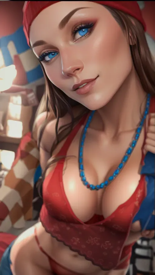 Brown hair, strait hair, beanie, taking selfie, red lingerie, stomach exposed, blue eyes,