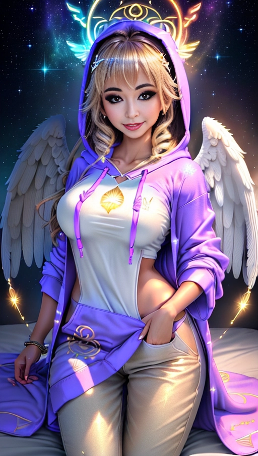 a 64k high detailed photo of Female Goddess with clothing, ((In clothing Robes))), (((In Hoodie))), HDR, Professional, Highly Detailed, ((In pants))) ((In Shirt)) ((Has Attire)) Godly Ultra Detailed Best Quality Most Detailed ((Angel Wings)) Angelic Lighting Love Hope Magic casting Smiling happy Glory Warrior Angels Angelics Positivity Happiness ecstasy enraptured sweaty saving God Royalty Morality Goodness True Good Power Force Authority Ethical Saviour Halo Always and Forever Sentimental in heat hot ultra hot best best lighting tantric Neutral Brilliant Logical Compassionate Perfect Perfection Exciting Integrity Winged Courage Purity Harmony Beauty mark on upper lip ((Female)) Ethereal Lighting Celestial Lighting (((With Clothes))) ((With God Item)) ((God Tech)) (God Technology) with items of power God Wings ((Afterlife Light)) ((Perfect Body)) ((Perfect Anatomy)) (Love Worship) ((God Light)) ((God Staff))) ((God Weapon)) (Spirituality) (Erotic) (Pinup) (Romance) (Smiling) ((Happy expression)) ((Angelic Glow)) ((((Has Clothing On))) accessories (((Sexy)))