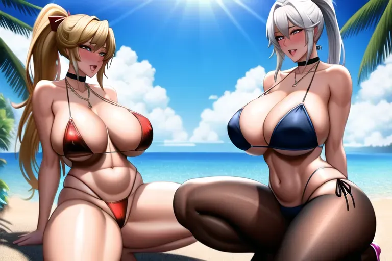 a digital painting of, dickgirls,wearing bikini,sitting on bent knees,on the beach,big breasts,five slender fingers,blond ponytail,beautiful face,beautiful lips,curved eyebrows,smooth skin,lustful,wearing necklace,unreal engine,editorial,smooth,studio lighting,thicc body, lustful eyes, blushing, cocks,nekogirl,orgasm,slutty,hentai