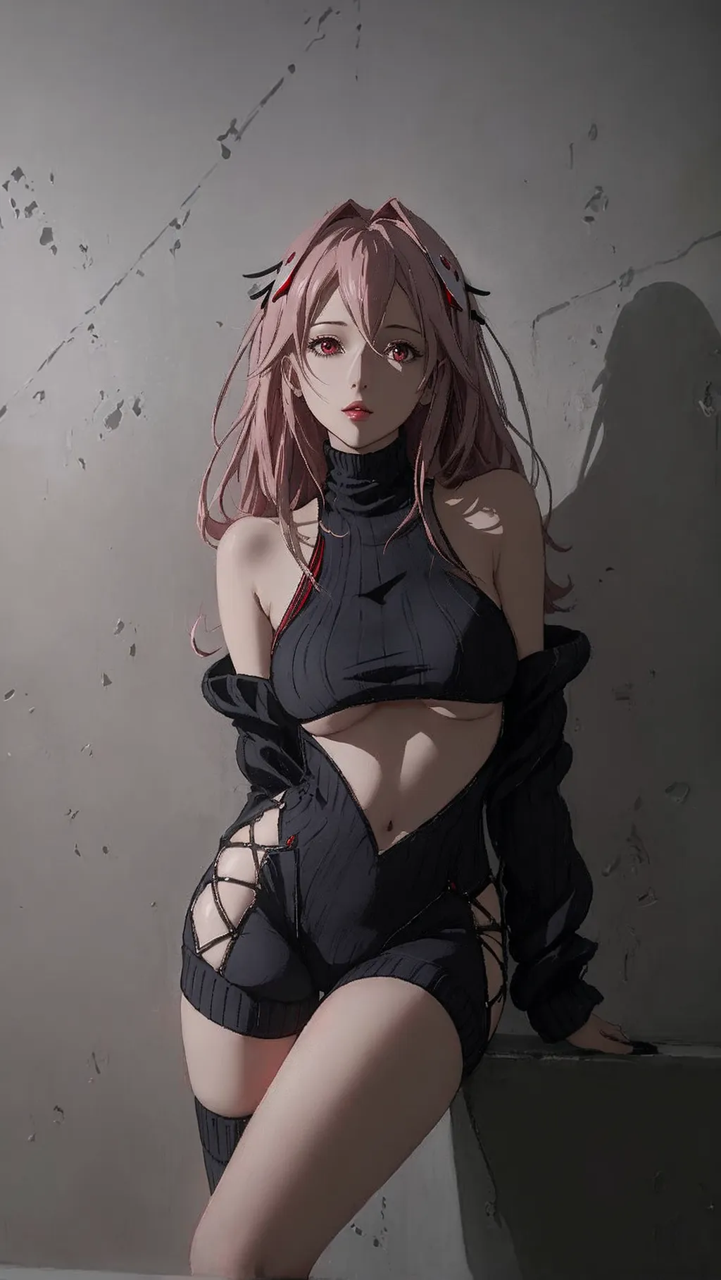 Best quality, hyperrealistic semi-real game render of a adult woman posing sensually for glamourous pin-up portrait with her underbust as highlight, pink messy straight hair in low twintails with hair accessories,
(skimpy turtle neck sweater cropped to reveal her underboob and bellybutton), ((thigh-high socks)),
correct anatomy, slender with long limbs, head tilted up and red eyes looking down at viewer, round face with confident seductive expression, beautiful thin lips expressionless,
she is indoor and leaning on a plain grey concrete wall background with interesting shadows from window, backlit silhouette strong contrast, hyperrealistic skin,
sharp and clear image, (photon-mapping, physics based ray tracing), high resolution masterpiece, petite big woman, (yuzuriha inori from guilty crown)