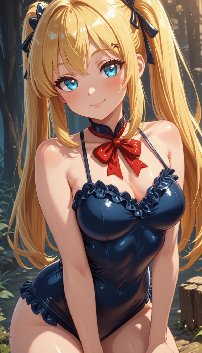 masterpiece, best quality, anime coloring, anime screencap,
1girl, solo, long hair, breasts, looking at viewer, blush, smile, bangs, blue eyes, blonde hair, hair ornament, bow, ribbon, bare shoulders, twintails, medium breasts, closed mouth, collarbone, swimsuit, hair ribbon, upper body, sidelocks, outdoors, frills, shiny, bowtie, red bow, tree, lips, one-piece swimsuit, black ribbon, sunlight, x hair ornament, red bowtie, shiny clothes, blue one-piece swimsuit, armpit crease, frilled swimsuit, marie rose