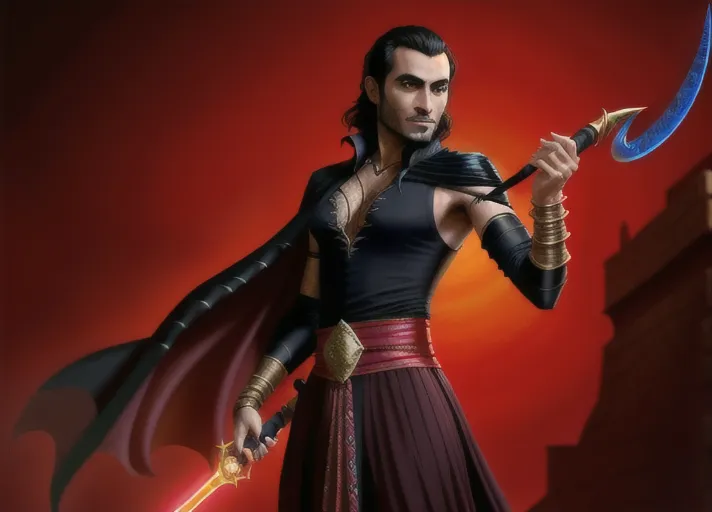 evil Arabic sorcerer Jafar of Agrabah dressed in black and red portrayed by Marwan Kenzari, uses his magic golden cobra headed staff to transform beautiful Nordic bright fiery auburn haired blue eyed Queen Anna of Arendelle portrayed by Elizabeth Lail into his loyal adoring harem dancer. photorealistic.