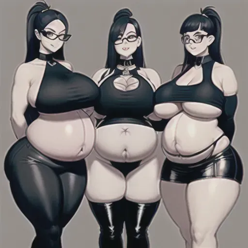 goth, black crop top, underboob, sideboob,thick thighs, black flare pants, chubby, aheago, black hair, collar, fishnet, pregnant with quadruplets, bloated, shy cute face, glasses, massive belly, humongous belly, gargantious belly, massive ass