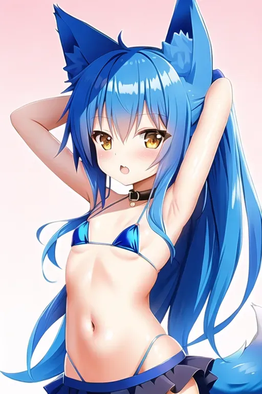 fox girl, blue hair, flat chest, micro bikini