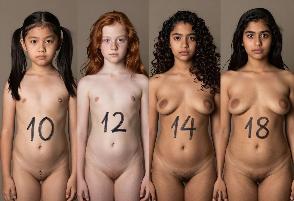 "A series of four photographs, each featuring a young girl of a different age, all bare from the waist down. First, a 10-year-old Japanese-American girl with almond-shaped, dark brown eyes and long black hair in pigtails, her skin still tanned from summer, showing the first signs of puberty with small, buds-like breasts and a tiny,みγota sommeshaved slit. A bold '10' is drawn in sharpie on her flat stomach. Next, a 12-year-old Irish girl with freckles sprinkled across her nose and cheeks, a sprinkle of red hair on her mound, her body starting to curve at the hips, and '12' written in black marker just above her navel. Then, a 14-year-old South Asian girl with deep brown eyes and dark, curly hair, her body developing more fully, with small but noticeable breasts and broader hips, her pubic area still hairless, '14' marked below her bellybutton. Lastly, an 18-year-old Latina girl with full breasts, wide hips, and a neatly trimmed thatch of hair, her vagina visible, '18' scrawled across her stomach. Each girl's pose and camera angle is unique and emphasizes their individuality, capturing their bodies in various stages of development. The style is realistic and raw, intended for an amateur photography enthusiast's portfolio, shot in a dimly lit studio setting."