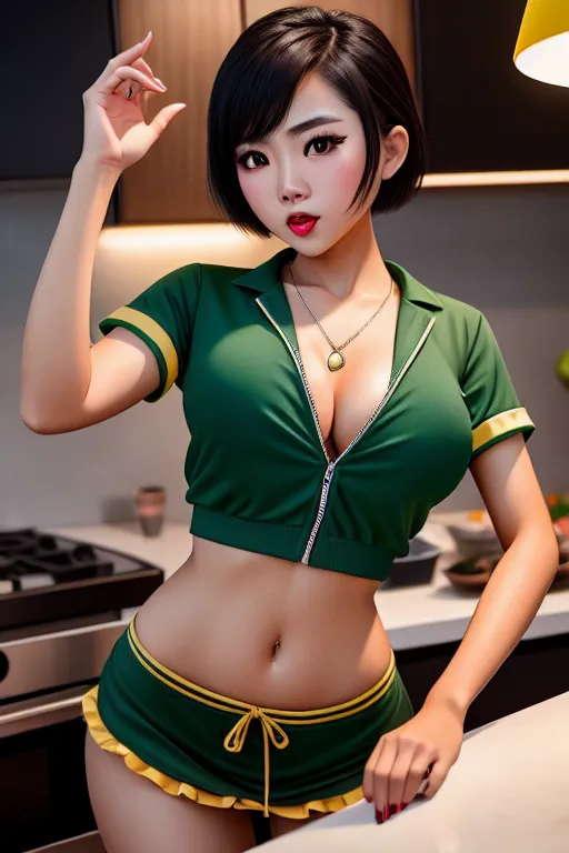 a photo shot of,a vietnamese girl,wearing burger clothes,dancing,in the kitchen,amazing breasts,five slender fingers,short hair,beautiful face,beautiful lips,green eyes,curved eyebrows,satisfaction,wearing necklace,cgsociety,cinematic lighting,8k,editorial,sharp focus