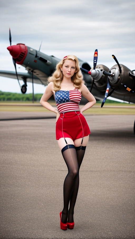 1940s era Pin up pose, 1940s era pin up outfit, long Legs, standing, thigh gap, legs showcased in photo, (thigh high seamed stockings), WWII B-17 bomber nose art, bleach blonde wavy hair, 1940s era hairstyle, United States Patriotic scene, Red platform high heels, 30 years old, outdoors on a vintage WWII airfield, sexy pose, American flag themed dress,