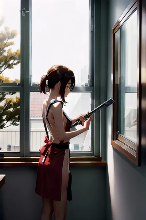naked young woman wearing nothing but apron, cleaning window