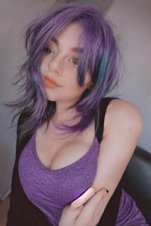 ((realistic)), bimbo, purple hair, selfshot, (high resolution), clothed