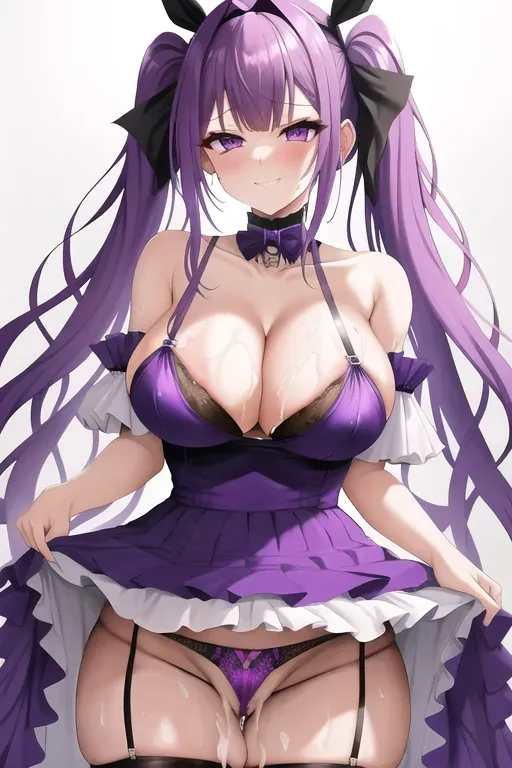 Purple hair, purple eyes, pig tails, dpmg_frontal_blowjob_v1, wet panties, dripping pussy, salviva dripping onto breasts