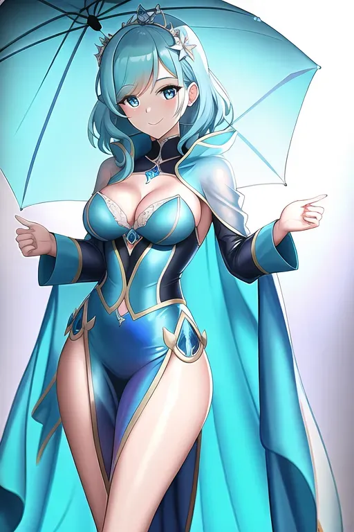 evie pickersgill, wide shot, a princess, insanely beautiful, transparent raincoat, blue, photo studio, daytime, studio light, happy, 8k, professional