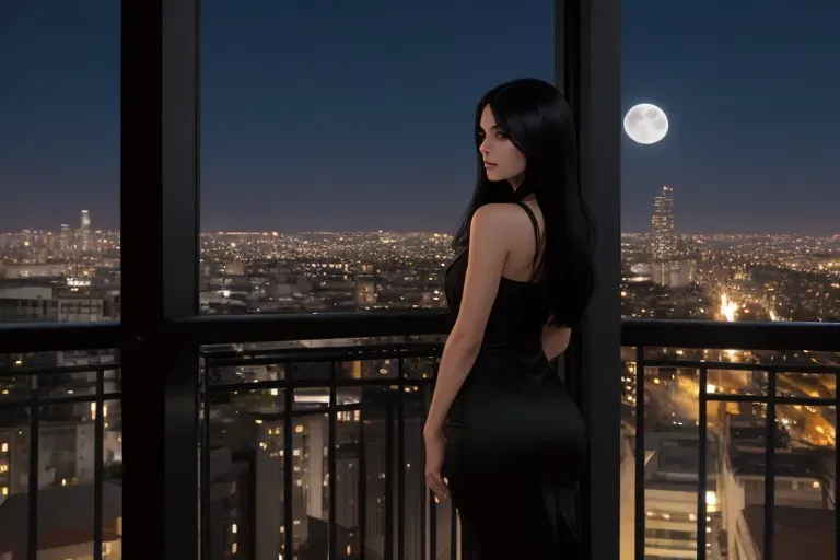 A beautiful slim flat chested woman with long black hair wearing a little Black sheath dress leaning over with her hands holding the railing of a balcony looking out on a city while a young handsome man stands behind her caressing her ass, realistic photo, early evening light from outdoor lights on the balcony, the Moon is just beginning to show